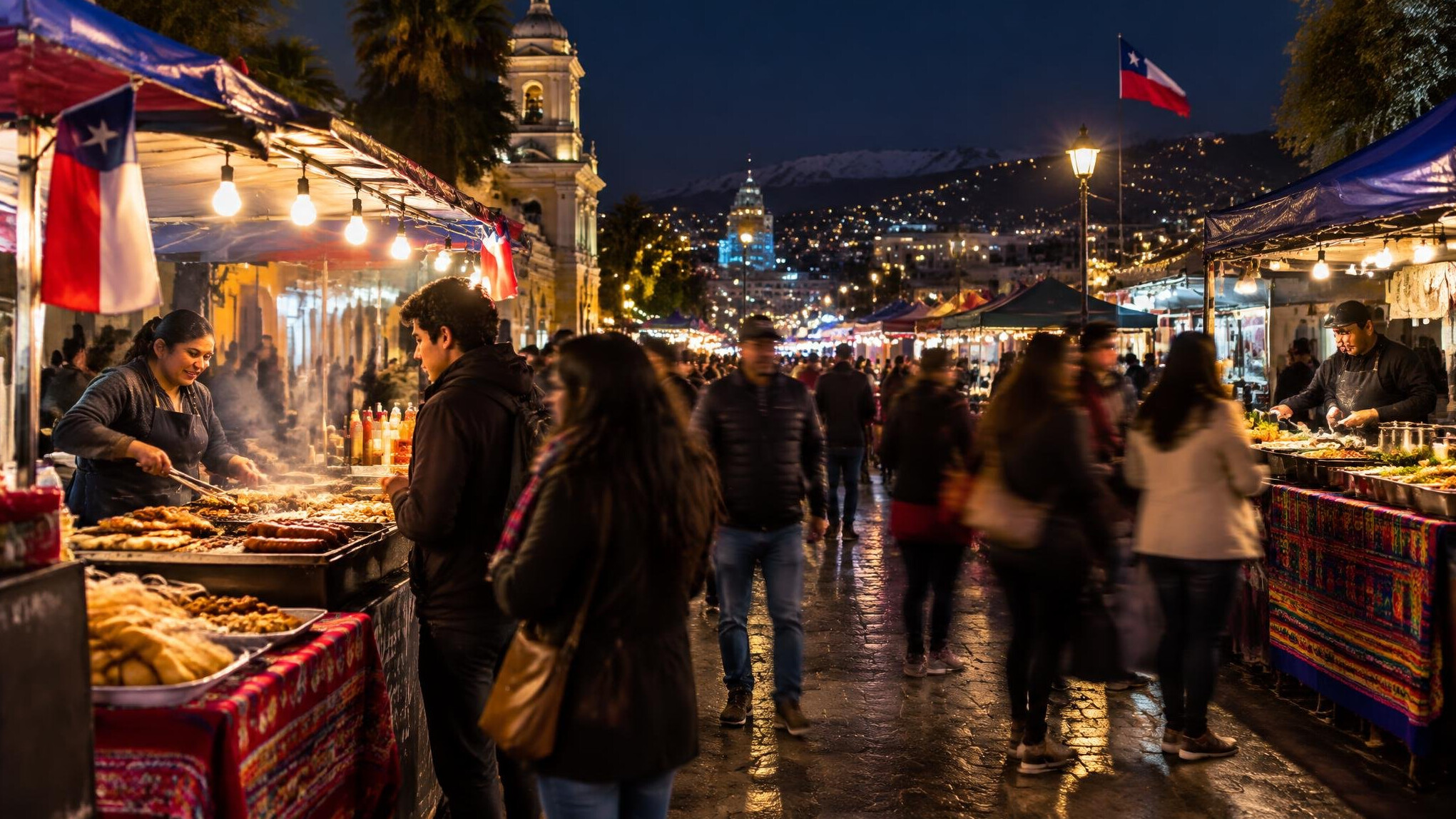Night street market with illuminated food stalls