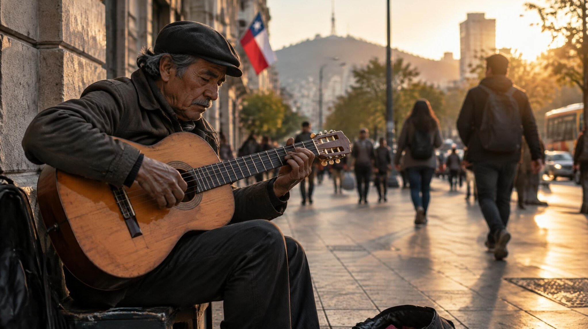 Street musician playing guitar on a city sidewalk